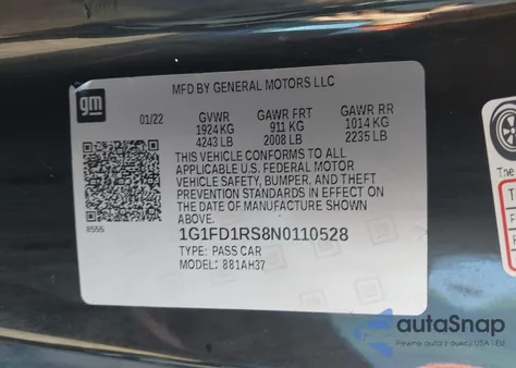 2022 Chevrolet Camaro Rwd 2Lt from USA, damaged, VIN 1G1FD1RS8N0110528